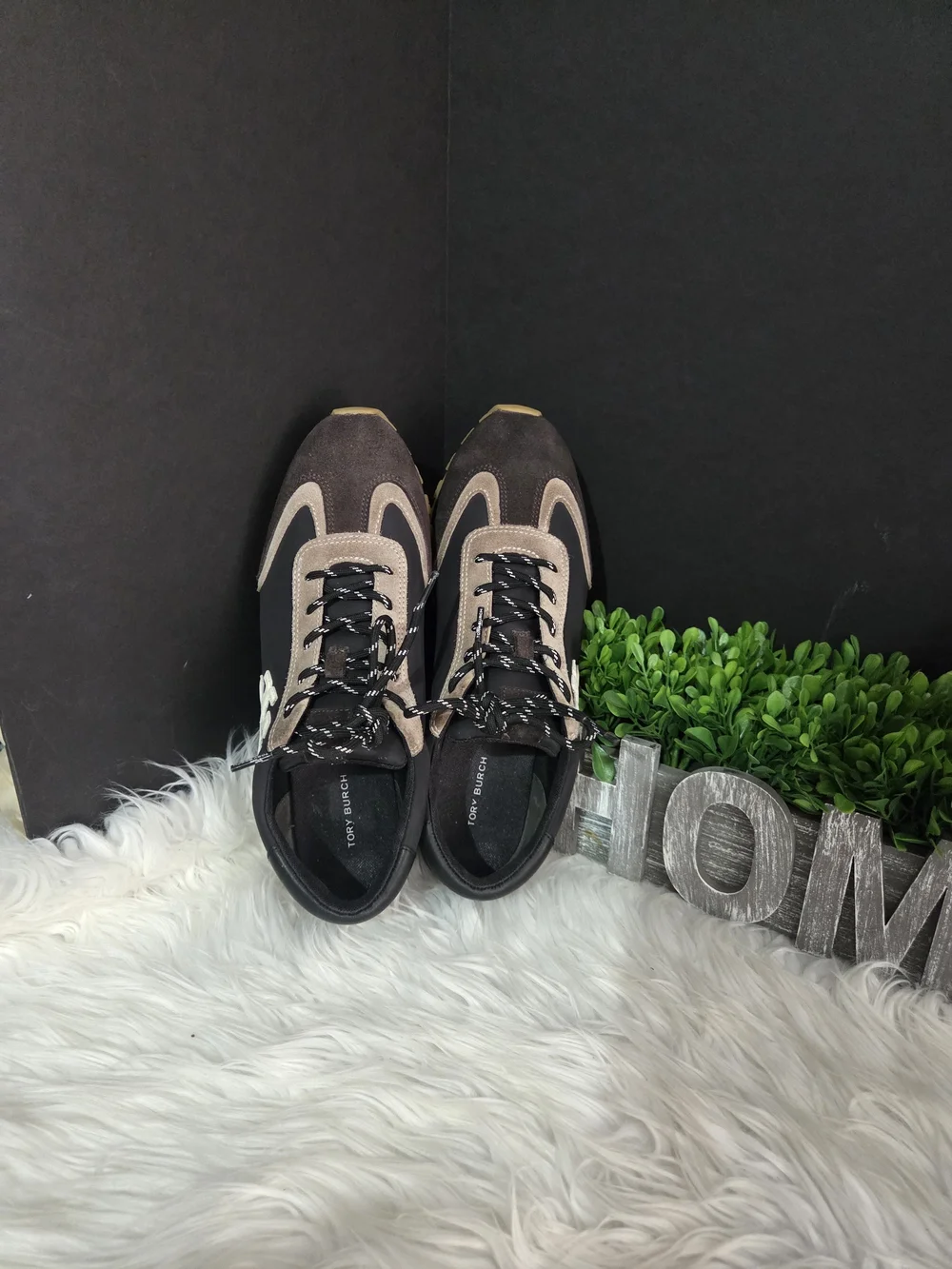 Tory Burch Black/Brown/Tan Vintage Nylon Lace-Up Women's Sneakers. Size 10.5